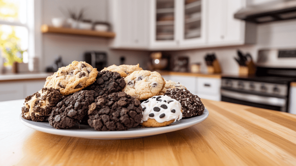 A plate of assorted Crumbl Cookies on a wooden counter.