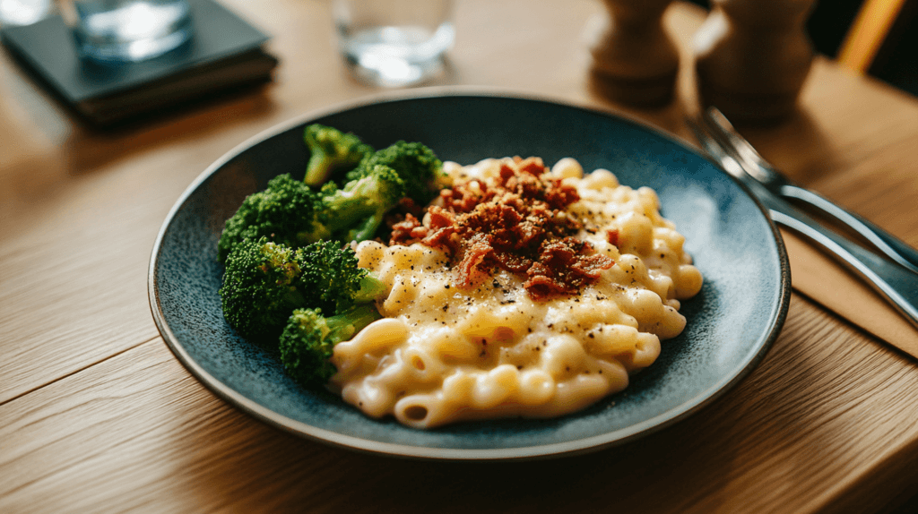 Mac and cheese with broccoli and bacon.