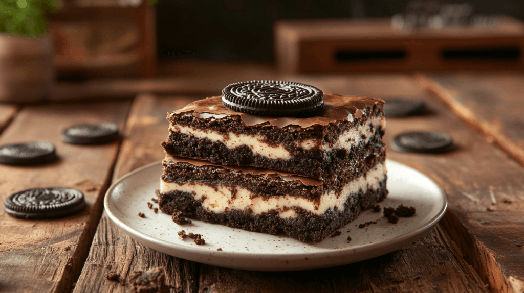 A close-up of layered slutty brownies on a plate.
