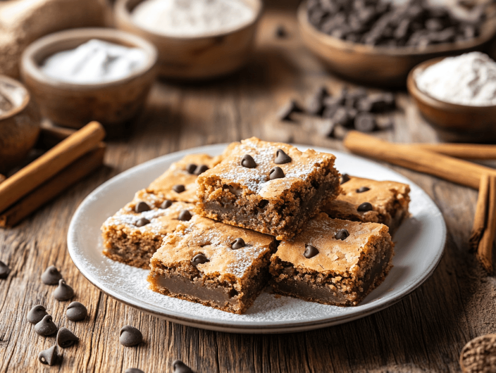 Blondies and brookies displayed on a wooden table.
