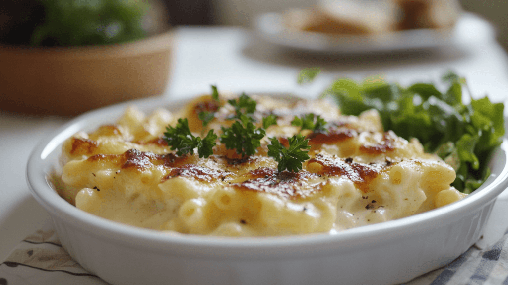 A serving of mac and cheese with a side salad.
