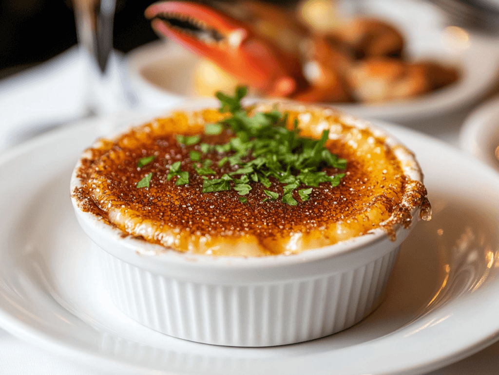 Crab brûlée served in a ramekin with caramelized sugar crust