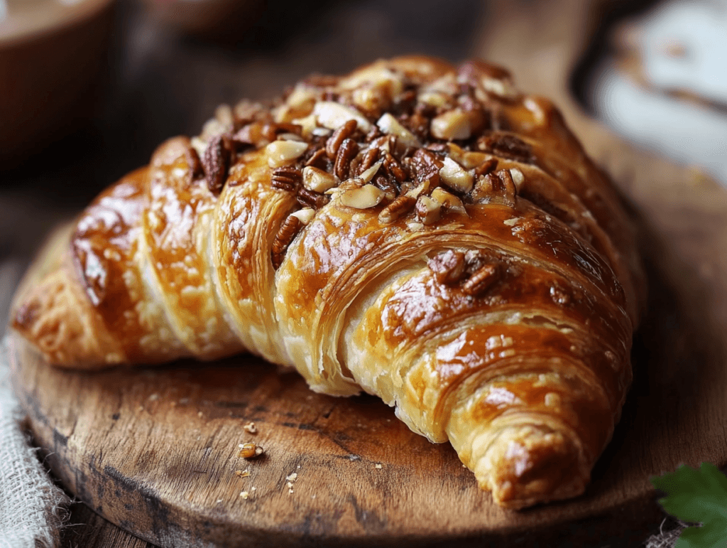 A freshly baked Nussgipfel on a wooden tray.