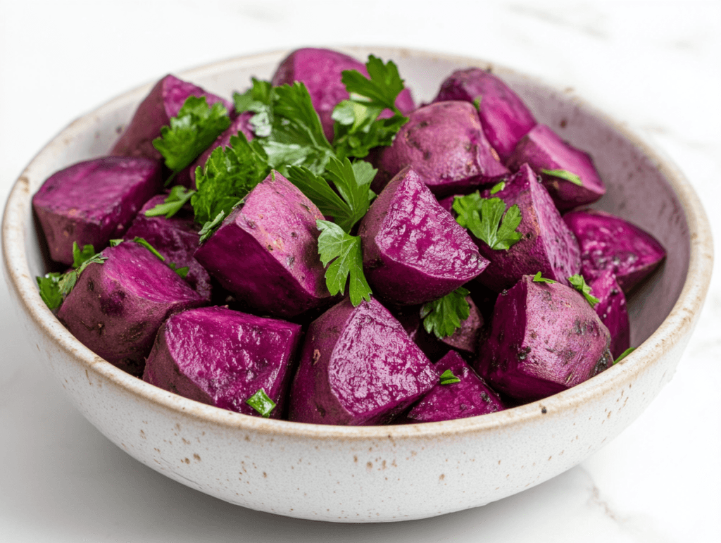 A bowl of vibrant purple sweet potatoes with a leafy garnish.