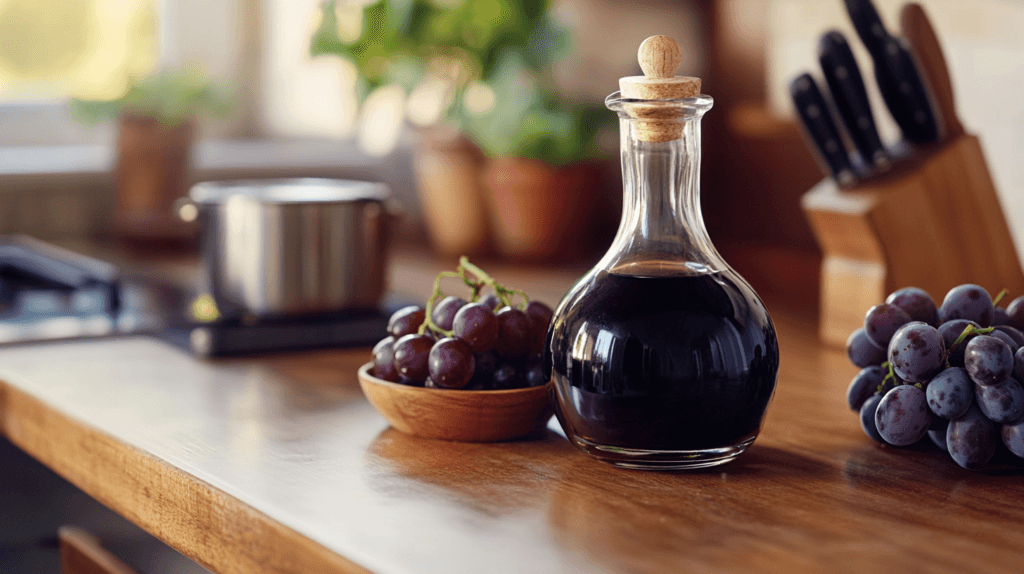 A bottle of balsamic vinegar with grapes and a small bowl of vinegar.