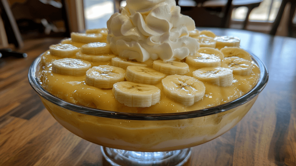 A bowl of fresh Magnolia banana pudding topped with banana slices.