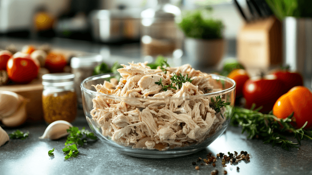Shredded rotisserie chicken in a glass bowl with vegetables and spices.