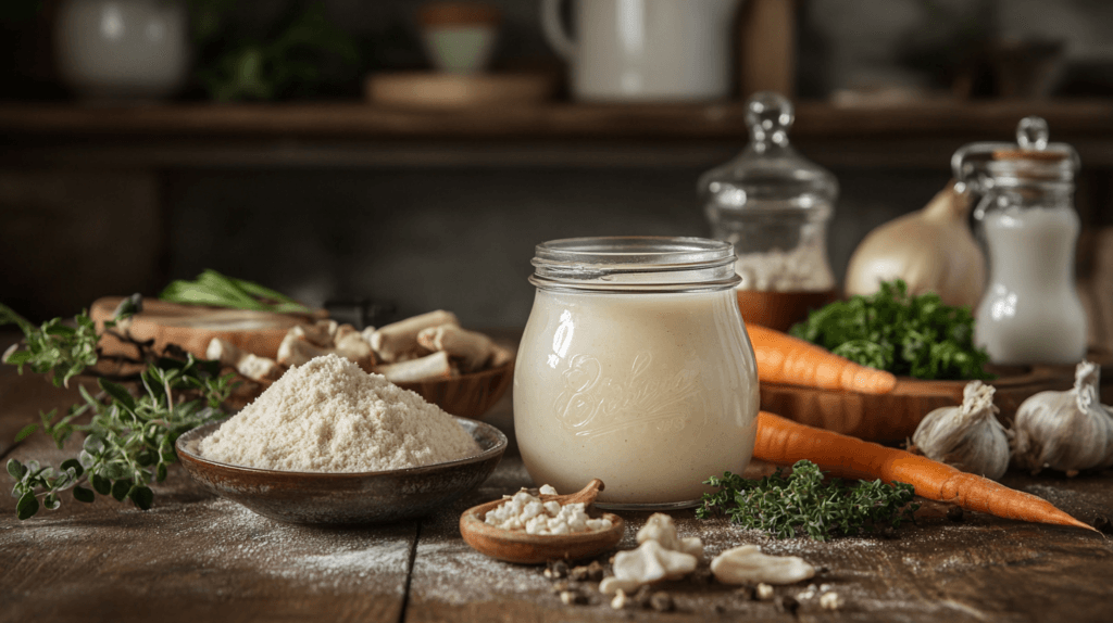 Liquid and powdered bone broth side by side on a kitchen counter.
