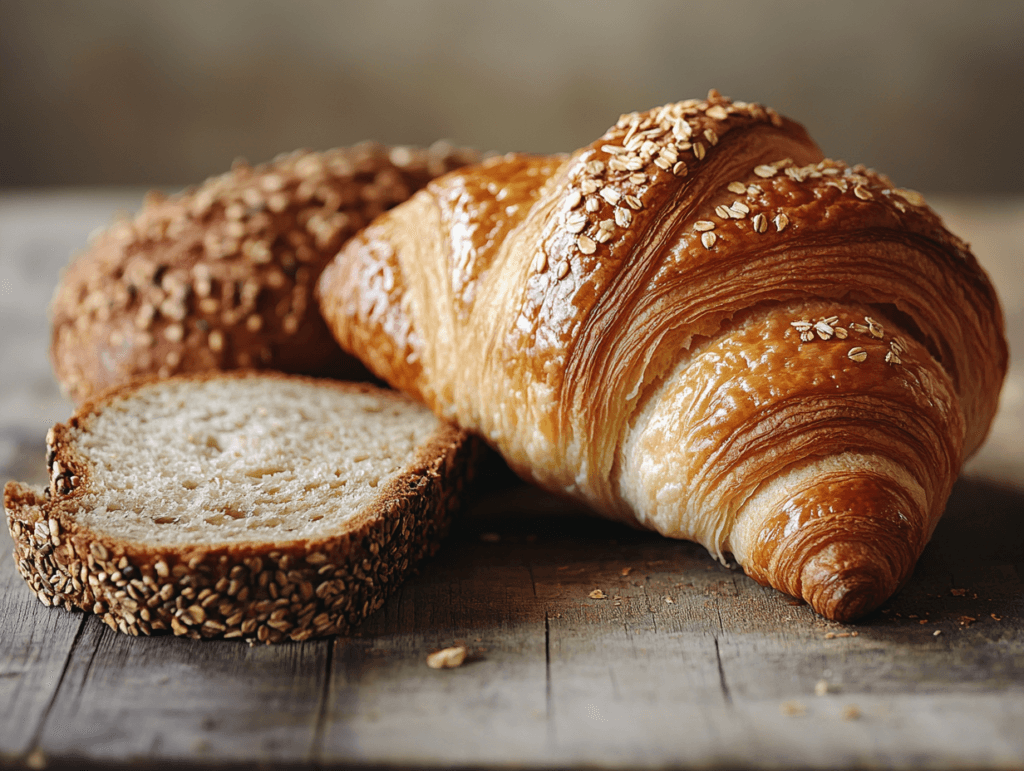 A croissant and a slice of bread on a wooden table.