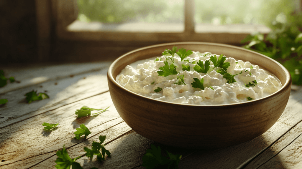 A bowl of creamy cottage cheese with fresh herbs.