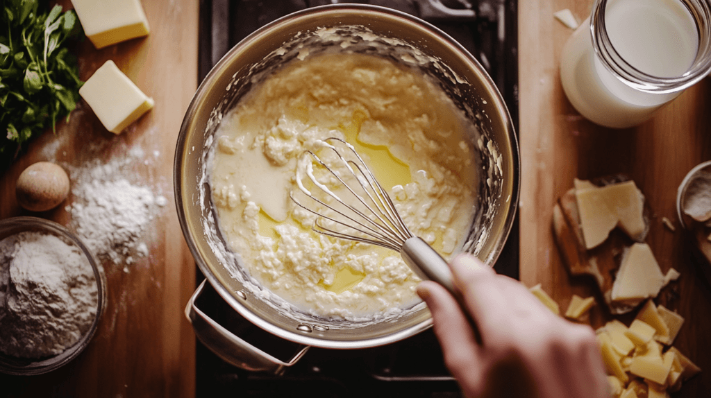Preparing a roux for mac and cheese sauce.