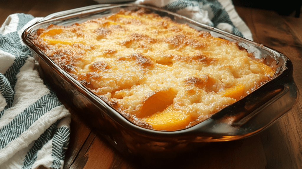 A perfectly baked peach crisp with a golden crumb topping.