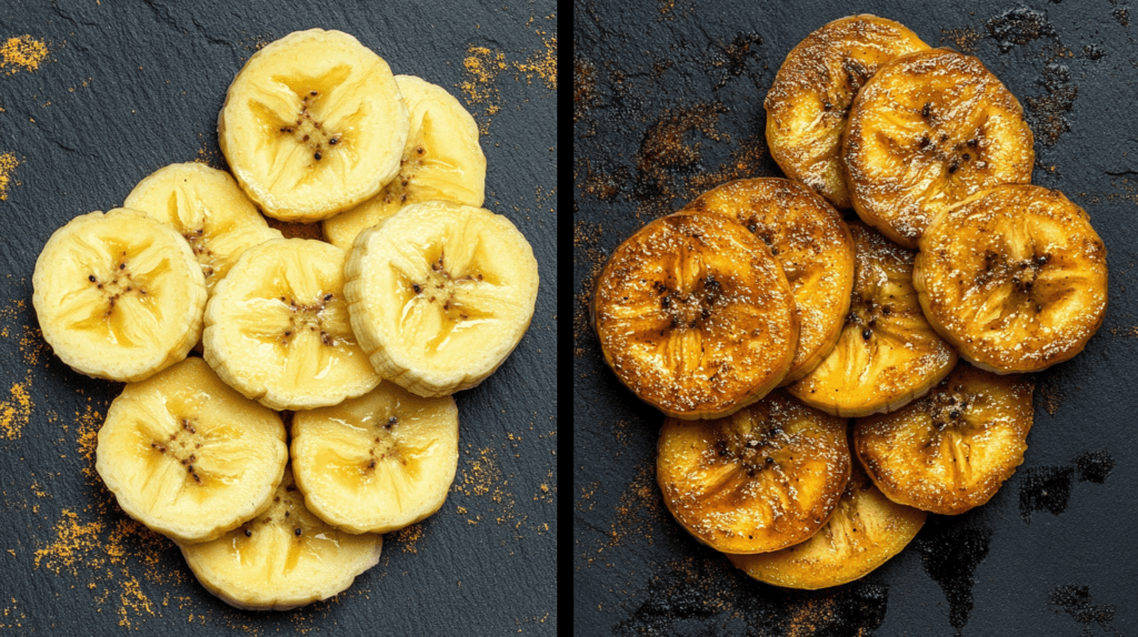 A comparison of fresh and browned banana slices side by side.