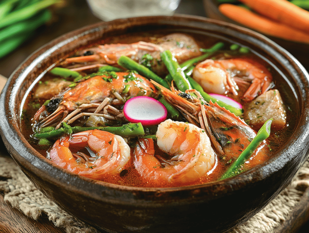 A steaming bowl of Filipino Sinigang soup with shrimp, green beans, radish slices, and other vegetables in a rich, savory broth