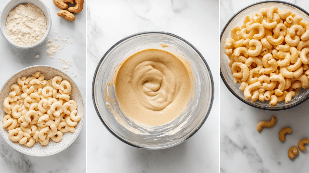 Steps for making mac and cheese with cashew cream as a milk substitute.