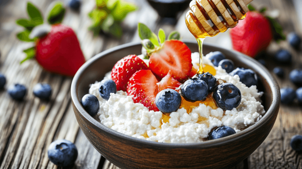 Cottage cheese with fresh fruit toppings and honey.
