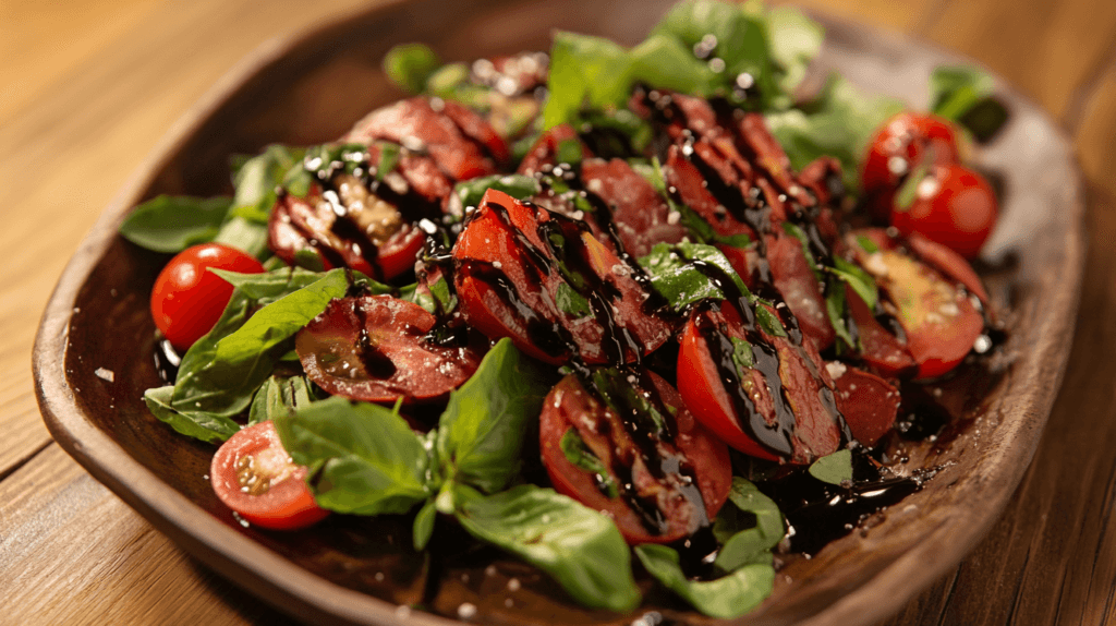 A fresh salad drizzled with balsamic vinegar.
