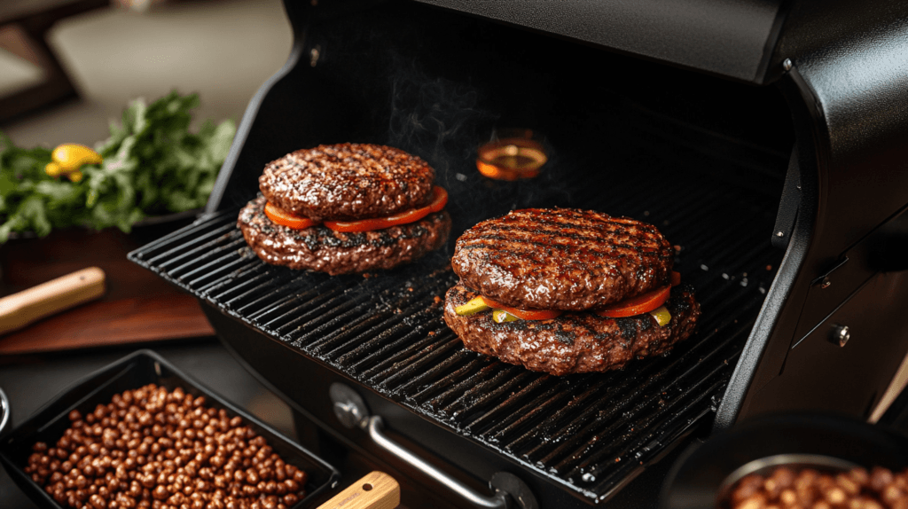 Juicy burgers with grill marks cooking on a Traeger grill, layered with tomato slices and surrounded by a variety of side dishes in a cozy outdoor setting.