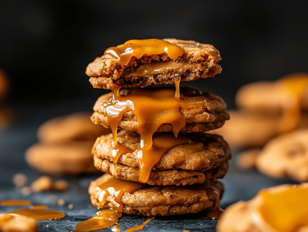 Peanut butter caramel brookies with a drizzle of caramel sauce on top.
