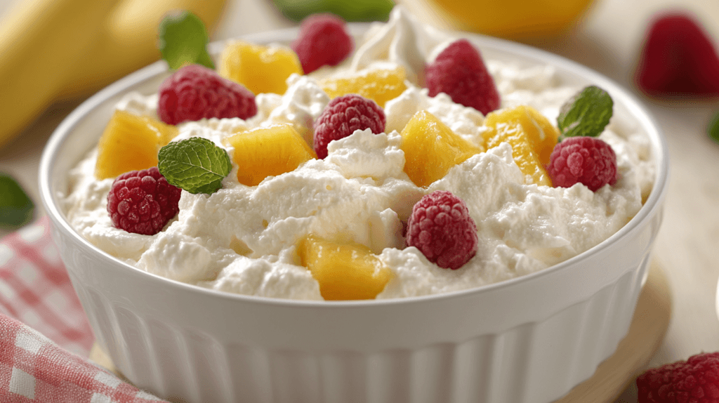 Bowl of cottage cheese topped with raspberries, peaches, and mint leaves.
