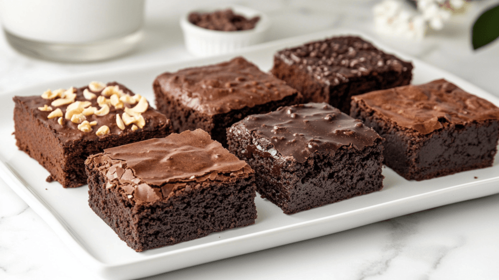 Four different types of brownies on a plate with calorie labels: classic, fudge, vegan, and gluten-free brownies.