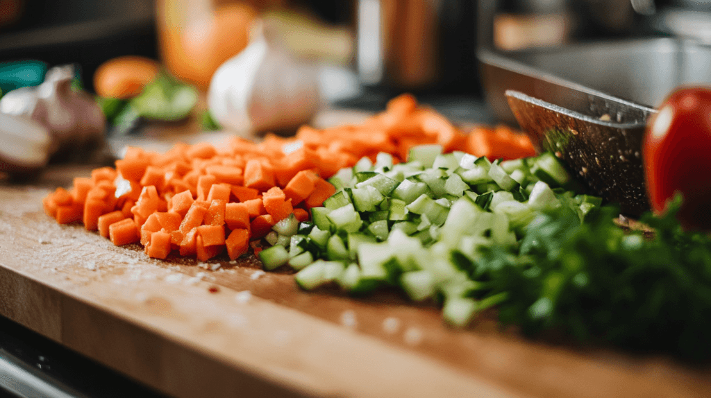Freshly chopped vegetables on a wooden cutting board.