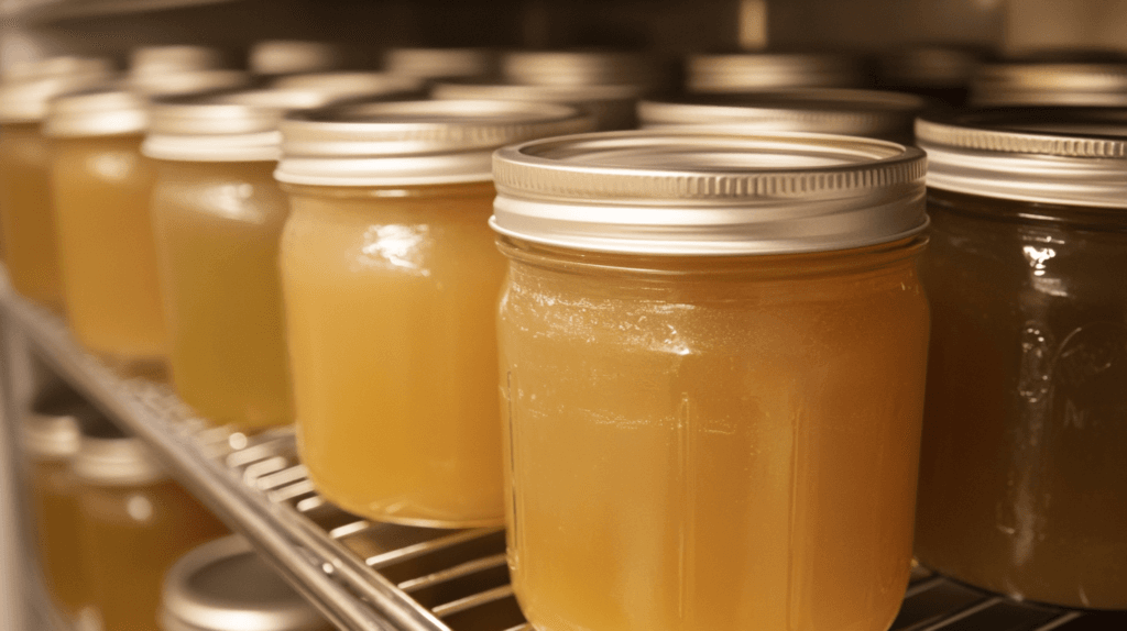 Jars of bone broth stored in a fridge.