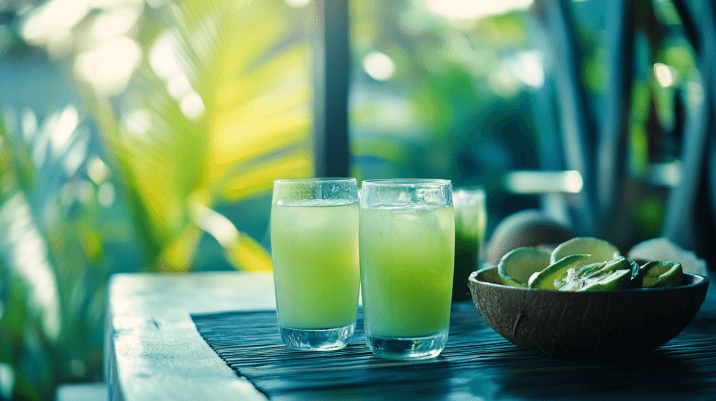 Glasses of fresh calamansi juice with ice on a table, accompanied by a bowl of sliced limes in a tropical setting