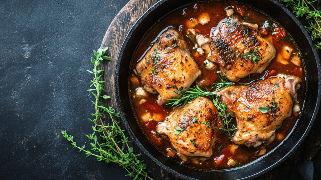 Braised chicken thighs in a cast iron skillet with fresh herbs and sauce.