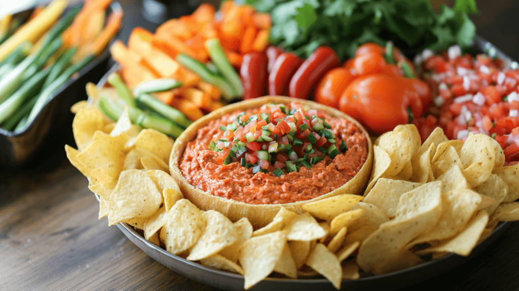 Rotel dip served in a bread bowl with a variety of dippers.