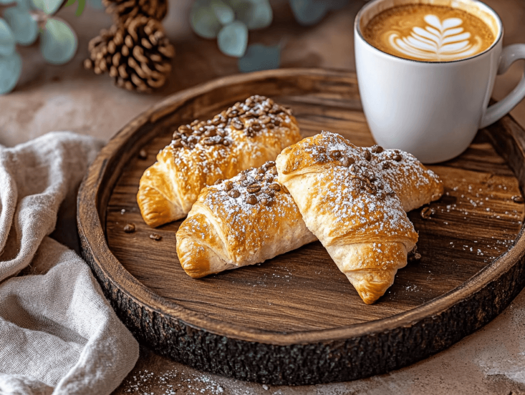 Freshly baked Gipfeli on a wooden tray