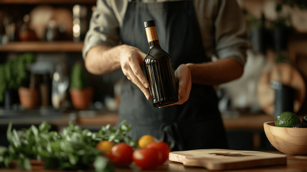 A person considering pouring balsamic vinegar down the drain.
