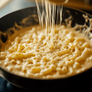 A creamy, homemade mac and cheese dish in a pan, with melted cheese being sprinkled on top, creating a rich and gooey texture.