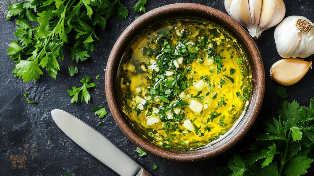 Melted garlic butter with herbs for sauce thickening.