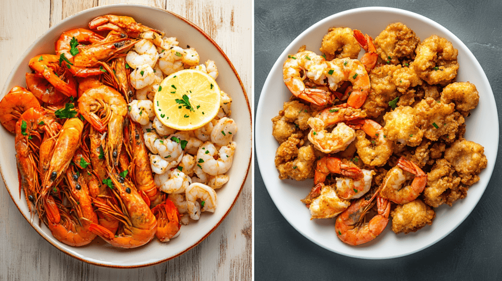 Boiled vs. fried seafood dishes with calorie counts shown.