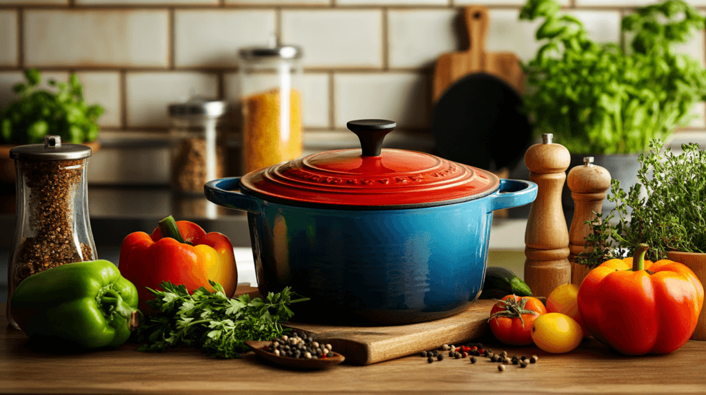 A vibrant Dutch oven with ingredients for cooking.