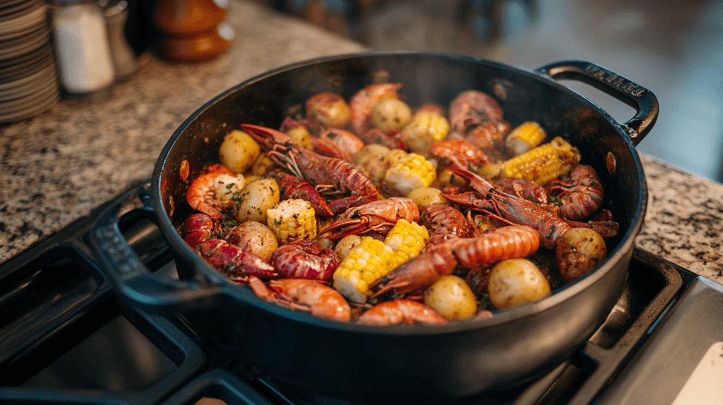 A Cajun seafood boil pot filled with crawfish and other ingredients.
