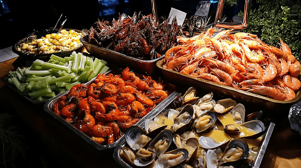 A Creole seafood boil with shrimp, crab, mussels, and dipping sauces.