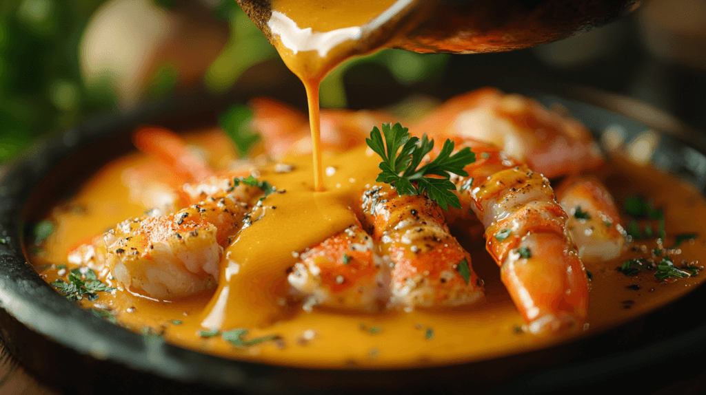 Thickened seafood boil sauce poured over seafood.