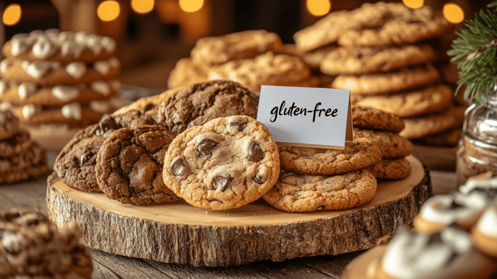 A display of assorted cookies with a gluten-free label in a bakery setting.