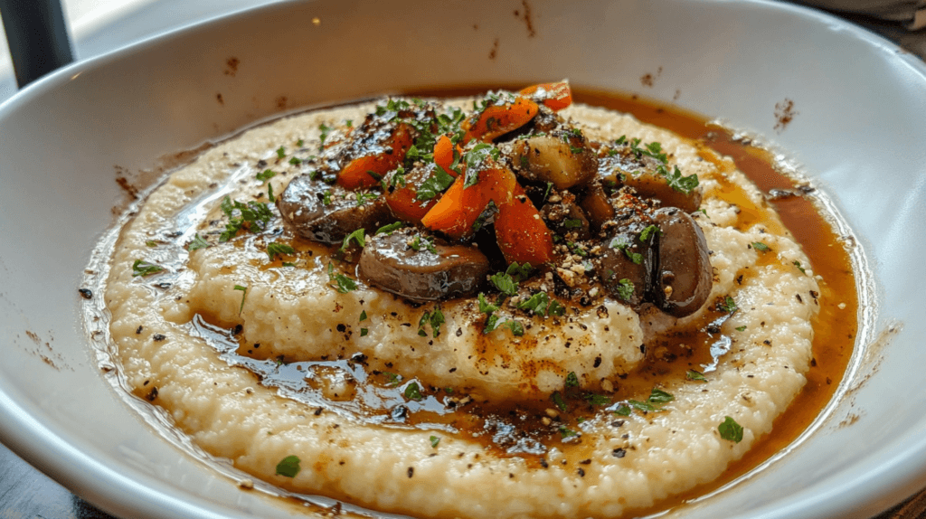 Creamy grits topped with sautéed mushrooms, red peppers, and fresh herbs in a white bowl.