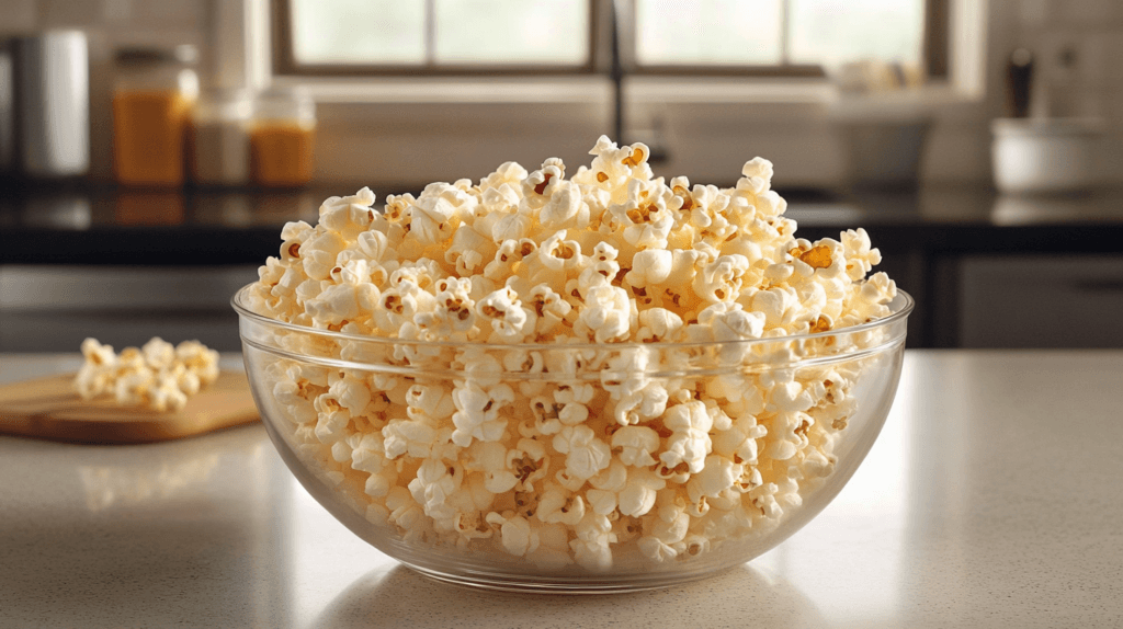 A clear glass bowl filled with freshly popped popcorn on a kitchen counter.