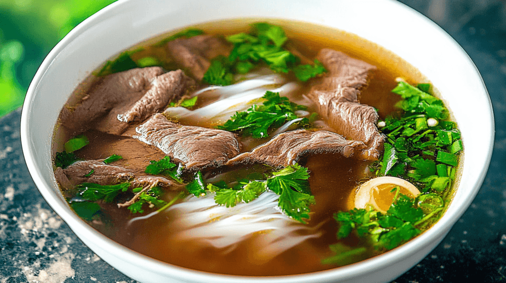 A bowl of Vietnamese pho with beef slices, rice noodles, fresh herbs, and broth.